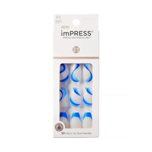 imageKISS imPRESS No Glue Mani Press On Nails Design Free Soul White Medium Size Almond Shape Includes 30 Nails Prep Pad Instructions Sheet 1 Manicure Stick 1 Mini FileBlue and White