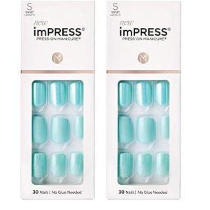 imageKISS imPRESS No Glue Mani Press On Nails Design One Chance Light Pink Short Size Squoval Shape Includes 30 Nails Prep Pad Instructions Sheet 1 Manicure Stick 1 Mini FileTeal