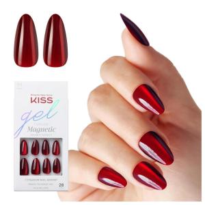 imageKISS Gel Fantasy Magnetic Press On Nails Almond Solid Red Medium Length 28 Fake Nails Pink Gel Nail Glue Net Wt 2 G  007oz Manicure Stick and Mini Nail FileBeatBelles