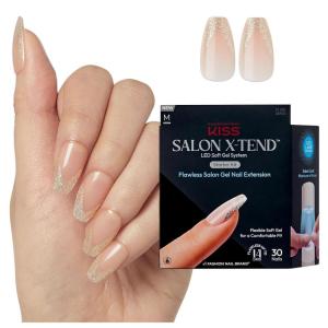 imageKISS Salon Xtend LED Gel Nail Kit Perk Beige Medium Coffin 30 Press On Nails LED Soft Gel Adhesive 5 ml 016 US fl oz LED Lamp USB Cable Prep Pad Manicure Stick ampamp Mini Nail FilePerk