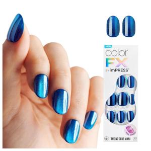 imageKISS colorFX by imPRESS Press On Nails  Reconnect Solid Blue with Pearlescent Finish Short Oval New ampamp Improved Adhesive Includes 30 Fake Nails Prep Pad 1 Manicure Stick 1 Mini Nail FileReconnect