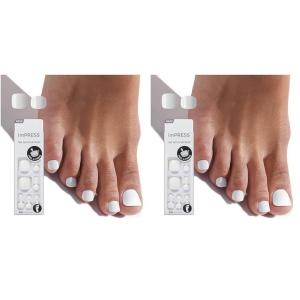 imageKISS imPRESS Pedicure French Tip Press On Toenails Blanc Chic White Short Squoval Pedicure Nail Kit Includes 24 Press On Toenails Prep Pad Mini Nail File ampamp Pedicure StickShort Pack of 2