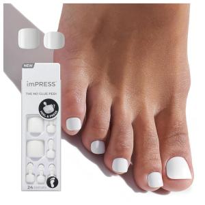 imageKISS imPRESS Pedicure French Tip Press On Toenails Blanc Chic White Short Squoval Pedicure Nail Kit Includes 24 Press On Toenails Prep Pad Mini Nail File ampamp Pedicure StickShort