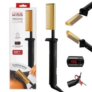 imageKISS Professional Pressing Comb with Polished Gold Smoothing Comb Safety Stand Digital LED Temperature Display ampamp Tangle Free 360 Swivel Cord
