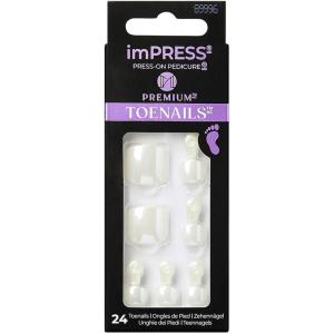 imageKISS imPRESS No Glue Pedi PressOn Toenails White Nails with Pearl Squoval Shape Includes 24 Nails Prep Pad 1 Manicure Stick 1 Mini File