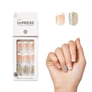imageKISS imPRESS PressOn Manicure Nail Kit PureFit Technology Short PressOn Nails Time Slip Includes Prep Pad Mini Nail File Cuticle Stick and 30 Fake NailsPink and Silver