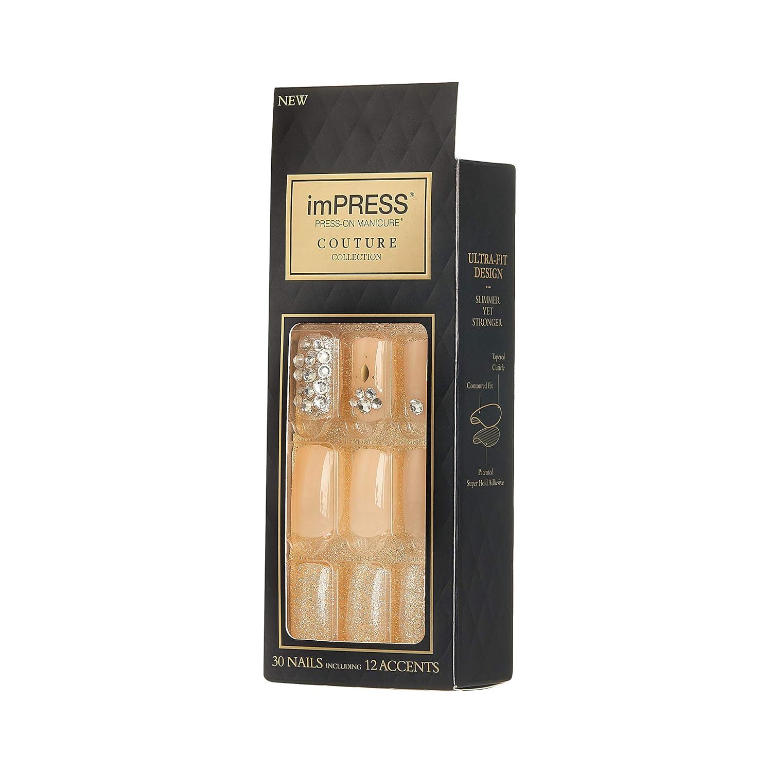 imageKISS imPRESS No Glue Mani Press On Nails Color YOLO Yellow Short Size Squoval Shape Includes 30 Nails Prep Pad Instructions Sheet 1 Manicure Stick 1 Mini FilePink with Diamonds