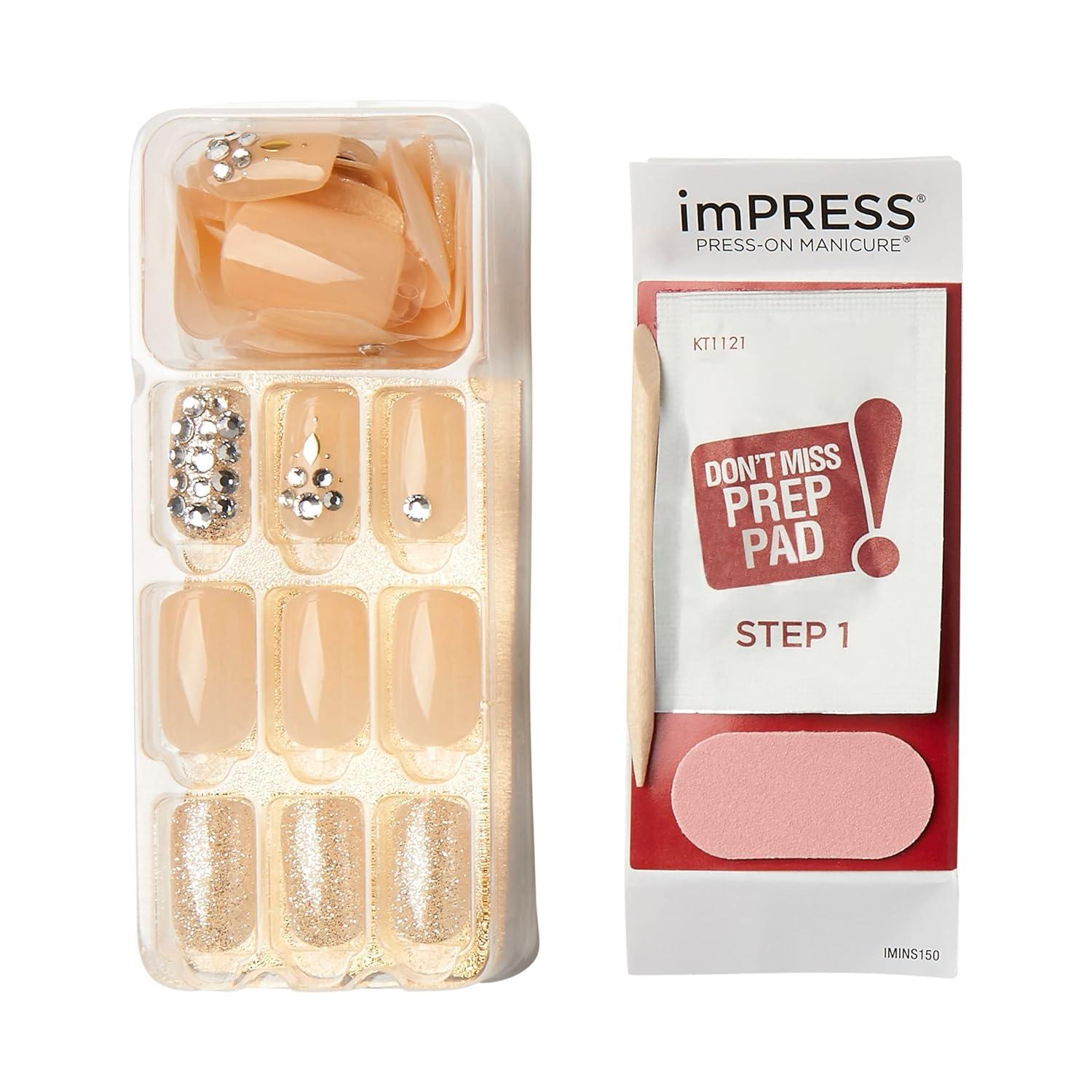 imageKISS imPRESS No Glue Mani Press On Nails Color YOLO Yellow Short Size Squoval Shape Includes 30 Nails Prep Pad Instructions Sheet 1 Manicure Stick 1 Mini FilePink with Diamonds