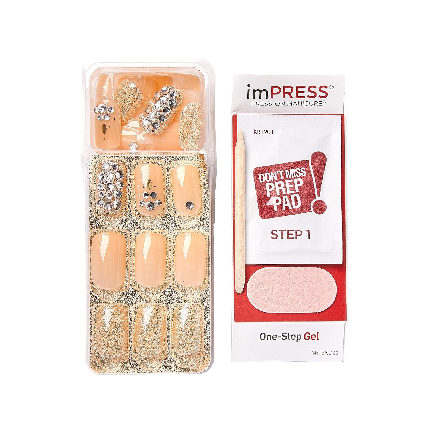 imageKISS imPRESS No Glue Mani Press On Nails Color YOLO Yellow Short Size Squoval Shape Includes 30 Nails Prep Pad Instructions Sheet 1 Manicure Stick 1 Mini FilePink with Diamonds