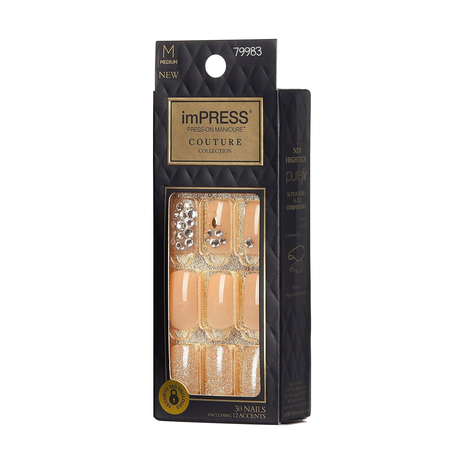 imageKISS imPRESS No Glue Mani Press On Nails Color YOLO Yellow Short Size Squoval Shape Includes 30 Nails Prep Pad Instructions Sheet 1 Manicure Stick 1 Mini FilePink with Diamonds