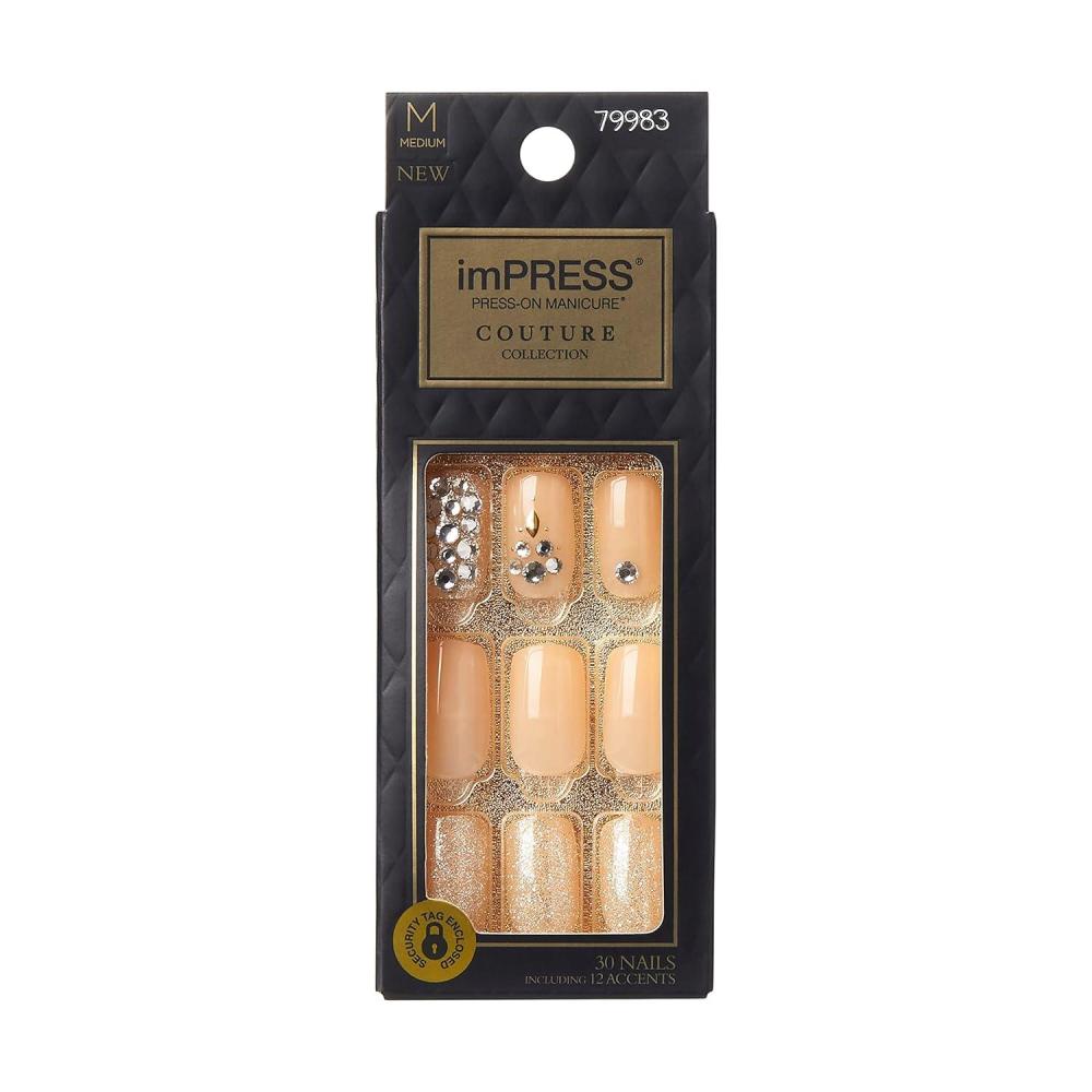 imageKISS imPRESS No Glue Mani Press On Nails Color YOLO Yellow Short Size Squoval Shape Includes 30 Nails Prep Pad Instructions Sheet 1 Manicure Stick 1 Mini FilePink with Diamonds