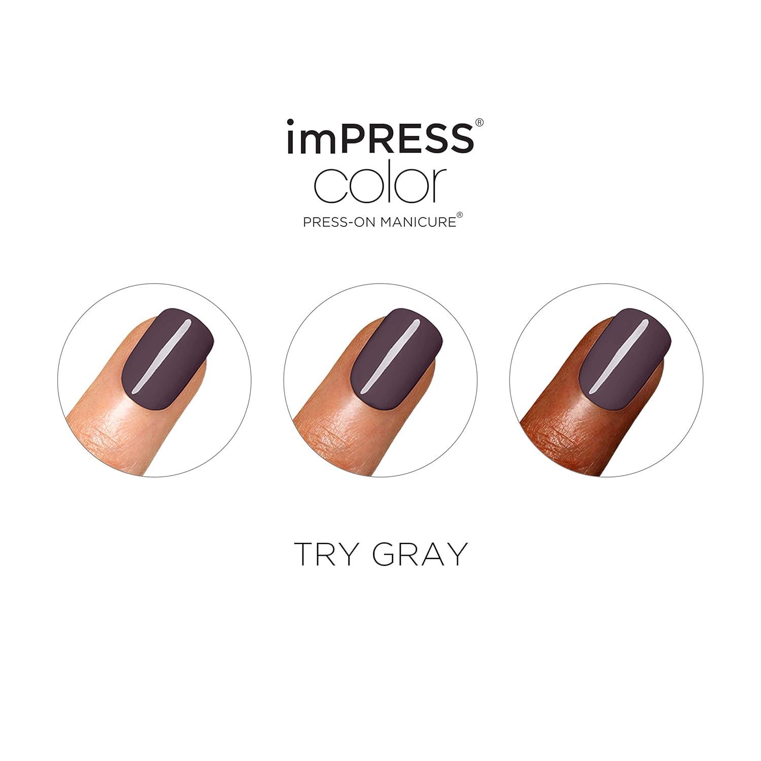imageKISS imPRESS No Glue Mani Press On Nails Color Try Gray Gray Short Size Squoval Shape Includes 30 Nails Prep Pad Instructions Sheet 1 Manicure Stick 1 Mini FileTry Gray