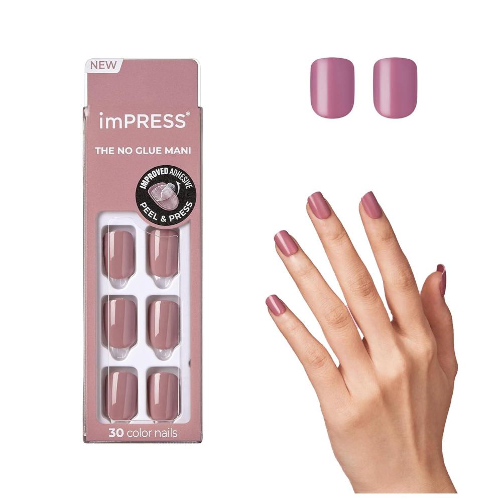 imageKISS imPRESS No Glue Mani Press On Nails Color Try Gray Gray Short Size Squoval Shape Includes 30 Nails Prep Pad Instructions Sheet 1 Manicure Stick 1 Mini FilePetal Pink