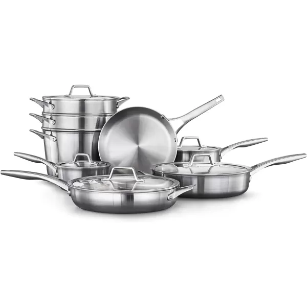 Calphalon 13-Piece Pots and Pans Set, Stainless Steel Kitchen Cookware with Stay-Cool Handles and Steamer Insert, Dishwasher Safe, Silver