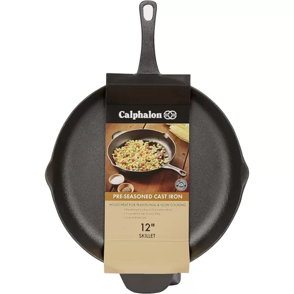 Calphalon Cast Iron Skillet, Pre-Seasoned Cookware with Large Handles and Pour Spouts, 12-Inch, Black