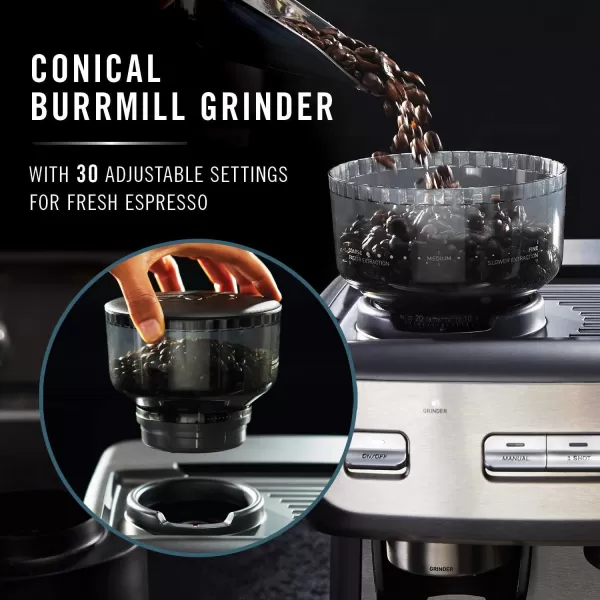 Calphalon Espresso Machine with Coffee Grinder, Tamper, Milk Frothing Pitcher, and Steam Wand, Temp iQ 15 Bar Pump, Stainless Steel