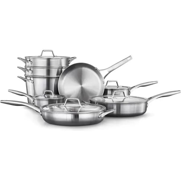 Calphalon 13-Piece Pots and Pans Set, Stainless Steel Kitchen Cookware with Stay-Cool Handles and Steamer Insert, Dishwasher Safe, Silver