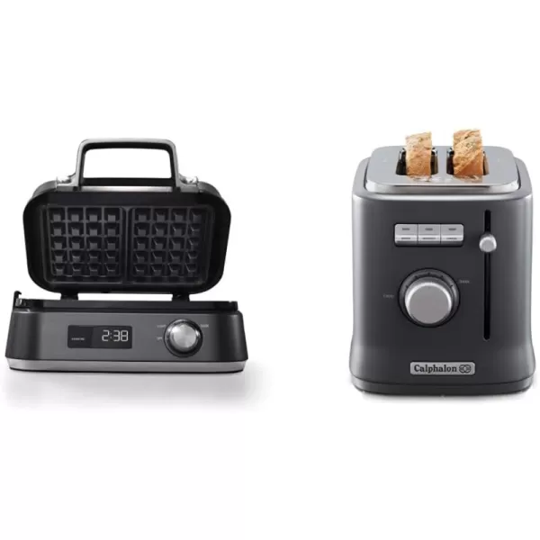 Calphalon Intellicrisp Belgian Waffle Maker with LED Display Timer and Ceramic Cooking Plates, Makes 2 Waffles, Dark Stainless Steel