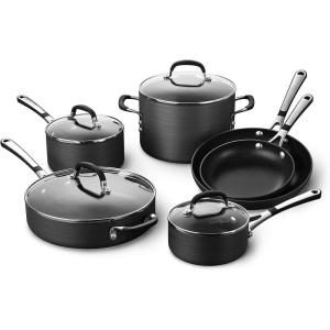 imageCalphalon 10Piece NonStick Kitchen Cookware Set Black Pots ampamp Pans with StayCool Stainless Steel Handles HardAnodized Aluminum for Even Heating10Piece Set
