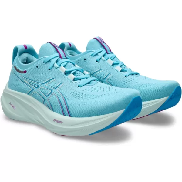 imageASICS Womens GelNimbus 26 Running ShoeBright CyanBold Magenta