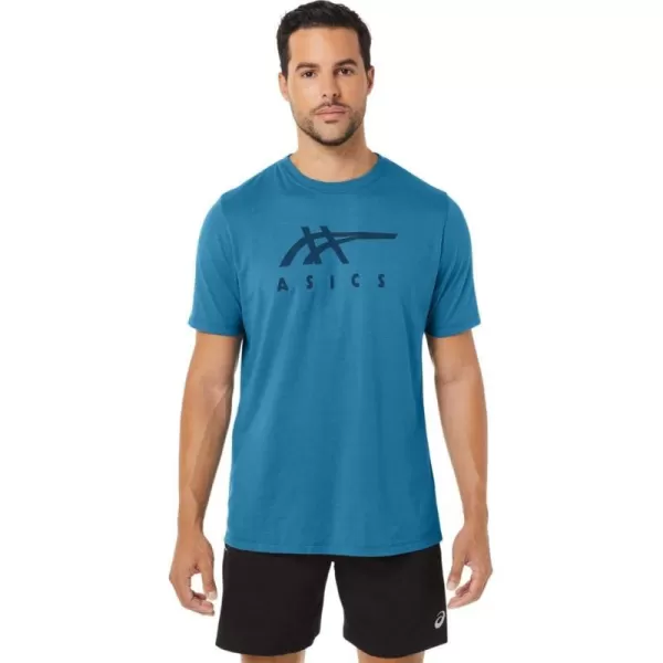 imageASICS Mens Stripe Short Sleeve Tee ApparelIsland Blue Heather
