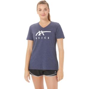 imageASICS Womens Stripes VNeck TEE Running ApparelPeacoat Heather