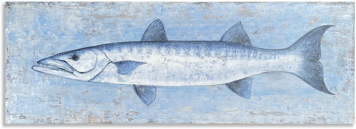Yihui Arts Canvas Wall Art Hand Painted Abstract Tuna Fish Painting Modern Artwork Coastal Pictures in Blue and White Color for Bedroom Decoration