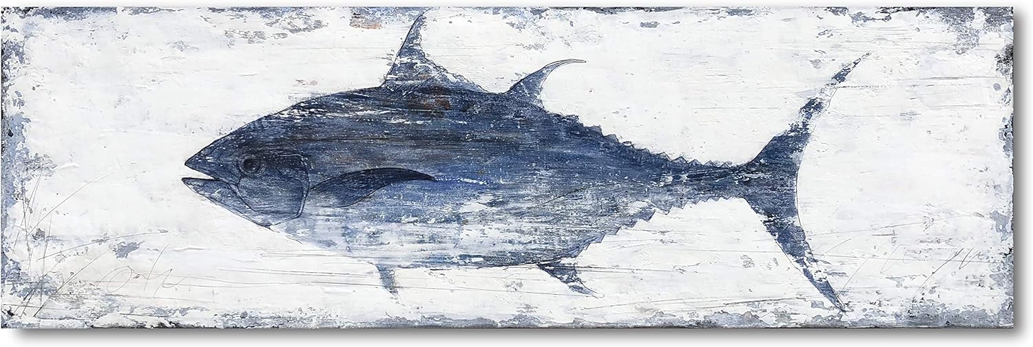 Yihui Arts Canvas Wall Art Hand Painted Abstract Tuna Fish Painting Modern Artwork Coastal Pictures in Blue and White Color for Bedroom Decoration
