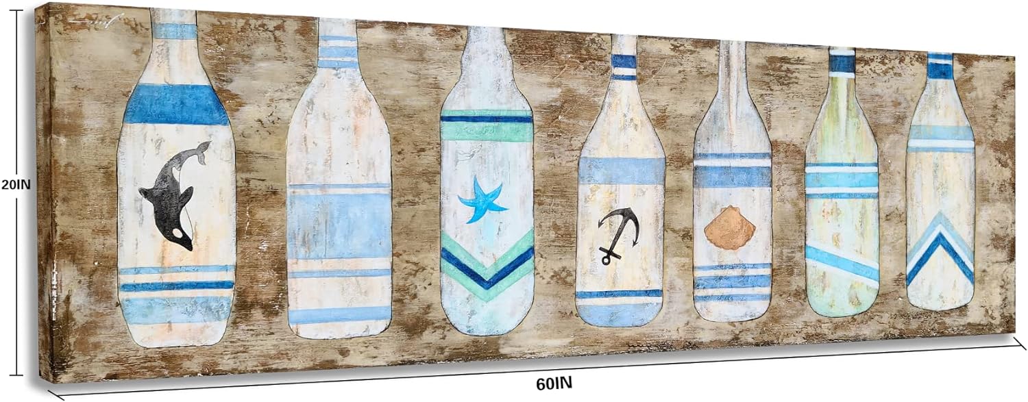Yihui Arts Canvas Wall Art Hand Painted Abstract Tuna Fish Painting Modern Artwork Coastal Pictures in Blue and White Color for Bedroom Decoration