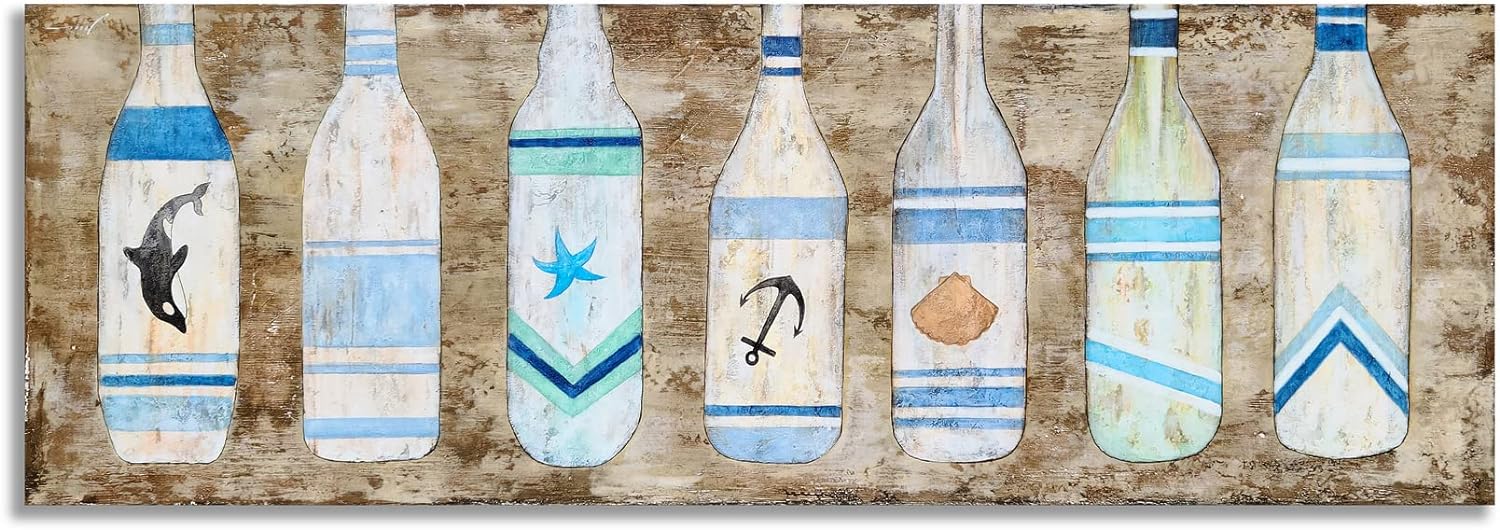Yihui Arts Canvas Wall Art Hand Painted Abstract Tuna Fish Painting Modern Artwork Coastal Pictures in Blue and White Color for Bedroom Decoration