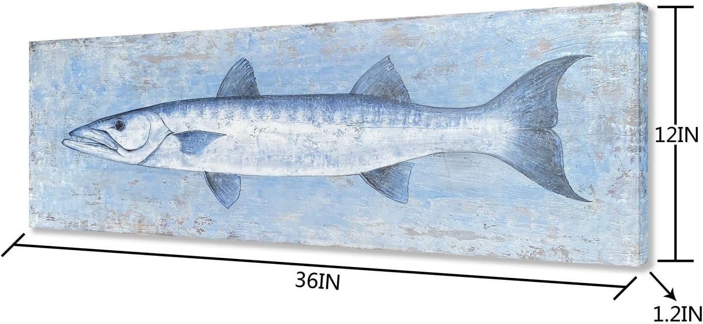 Yihui Arts Canvas Wall Art Hand Painted Abstract Tuna Fish Painting Modern Artwork Coastal Pictures in Blue and White Color for Bedroom Decoration