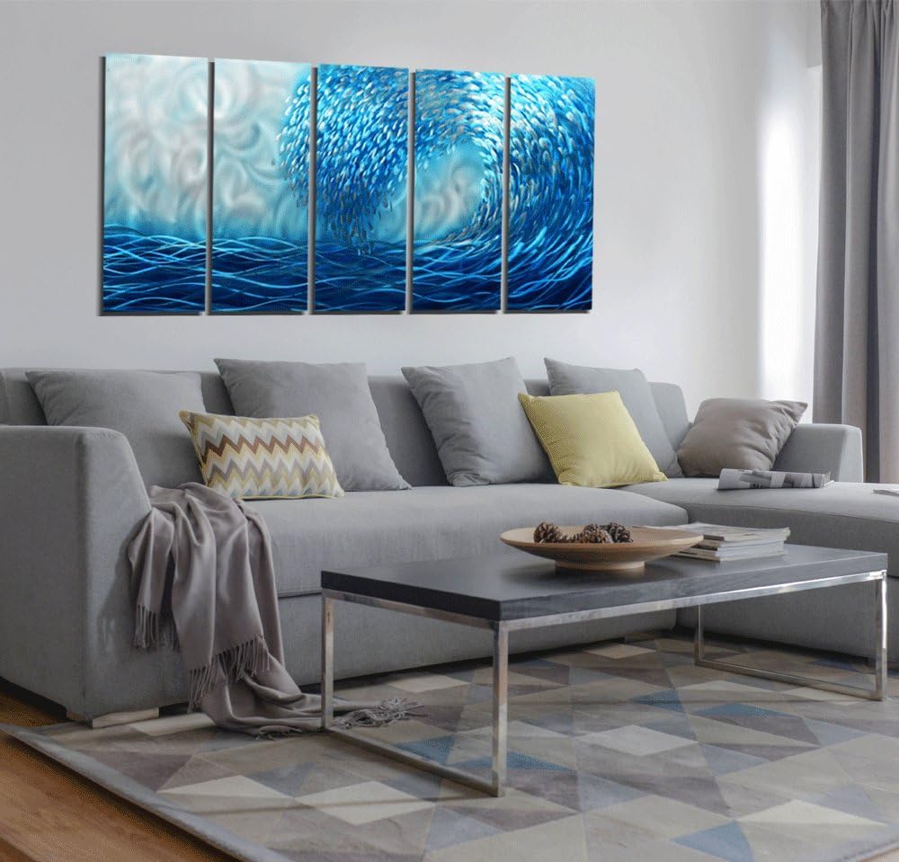 Yihui Arts Handcrafted Colorful Fish Metal Wall Art, Large Metal Wall Art in Modern Ocean Design, 3D Wall Art for Modern and Contemporary Decor, 5-Panels, Metal Wall Decor Works