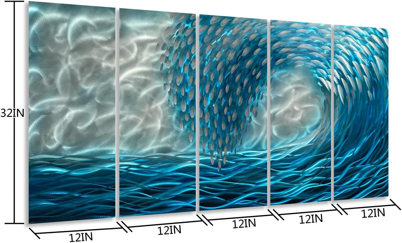 Yihui Arts Handcrafted Colorful Fish Metal Wall Art, Large Metal Wall Art in Modern Ocean Design, 3D Wall Art for Modern and Contemporary Decor, 5-Panels, Metal Wall Decor Works
