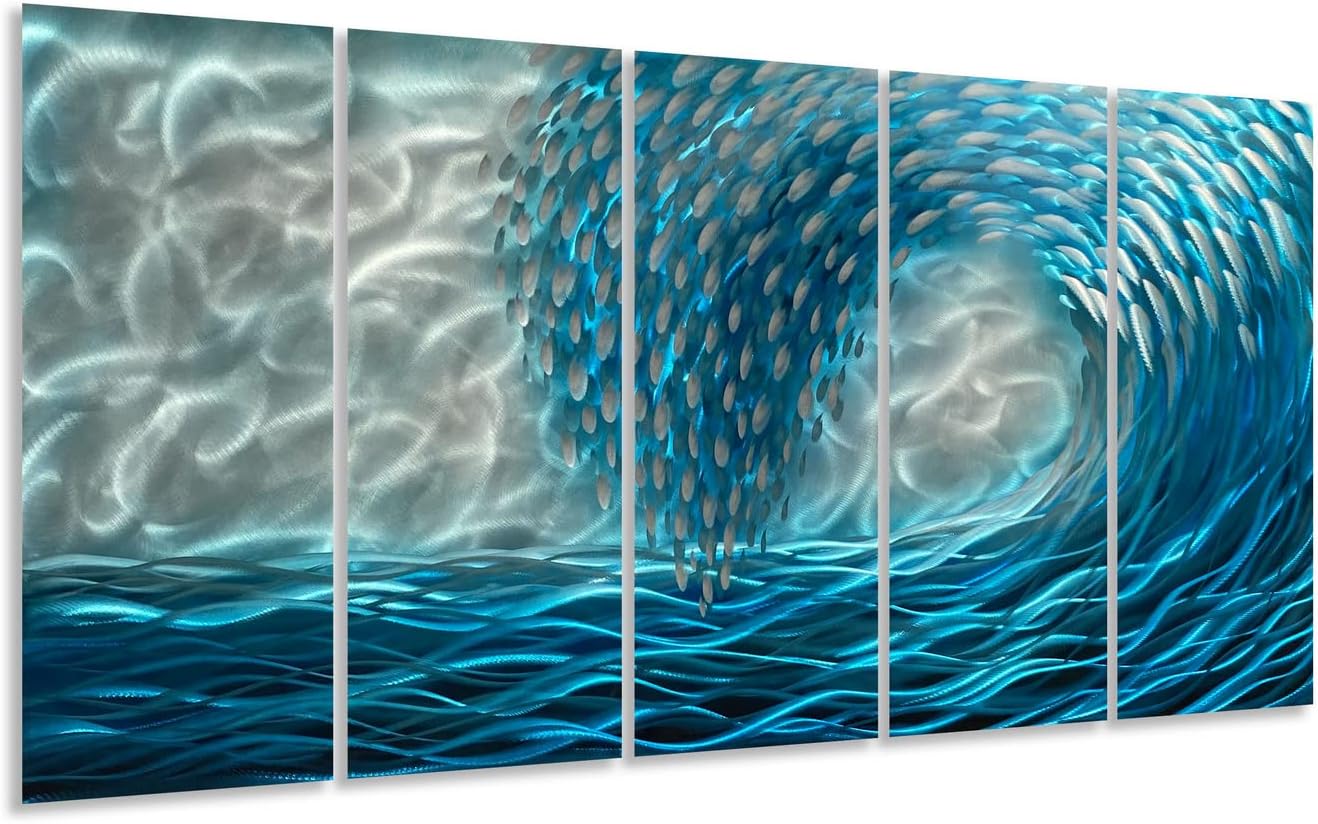 Yihui Arts Handcrafted Colorful Fish Metal Wall Art, Large Metal Wall Art in Modern Ocean Design, 3D Wall Art for Modern and Contemporary Decor, 5-Panels, Metal Wall Decor Works