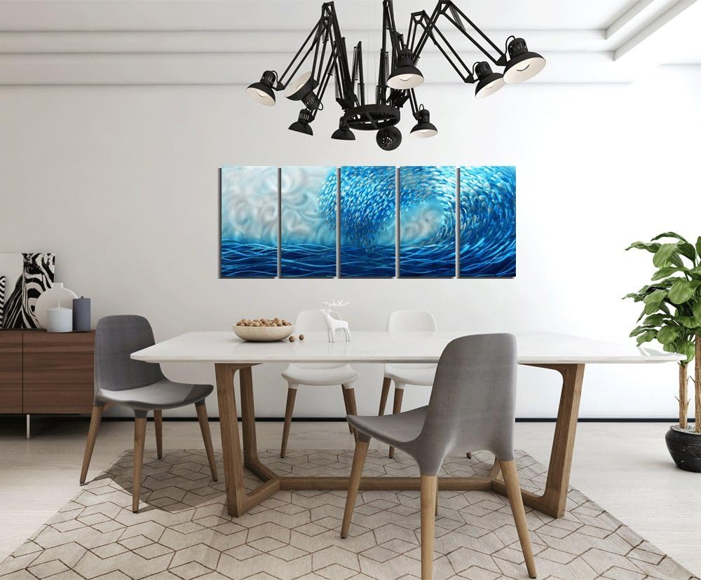 Yihui Arts Handcrafted Colorful Fish Metal Wall Art, Large Metal Wall Art in Modern Ocean Design, 3D Wall Art for Modern and Contemporary Decor, 5-Panels, Metal Wall Decor Works