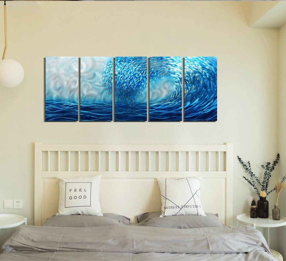 Yihui Arts Handcrafted Colorful Fish Metal Wall Art, Large Metal Wall Art in Modern Ocean Design, 3D Wall Art for Modern and Contemporary Decor, 5-Panels, Metal Wall Decor Works