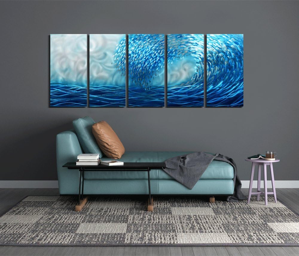 Yihui Arts Handcrafted Colorful Fish Metal Wall Art, Large Metal Wall Art in Modern Ocean Design, 3D Wall Art for Modern and Contemporary Decor, 5-Panels, Metal Wall Decor Works