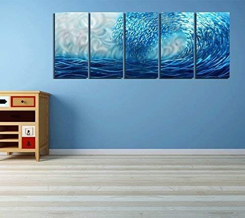 Yihui Arts Handcrafted Colorful Fish Metal Wall Art, Large Metal Wall Art in Modern Ocean Design, 3D Wall Art for Modern and Contemporary Decor, 5-Panels, Metal Wall Decor Works