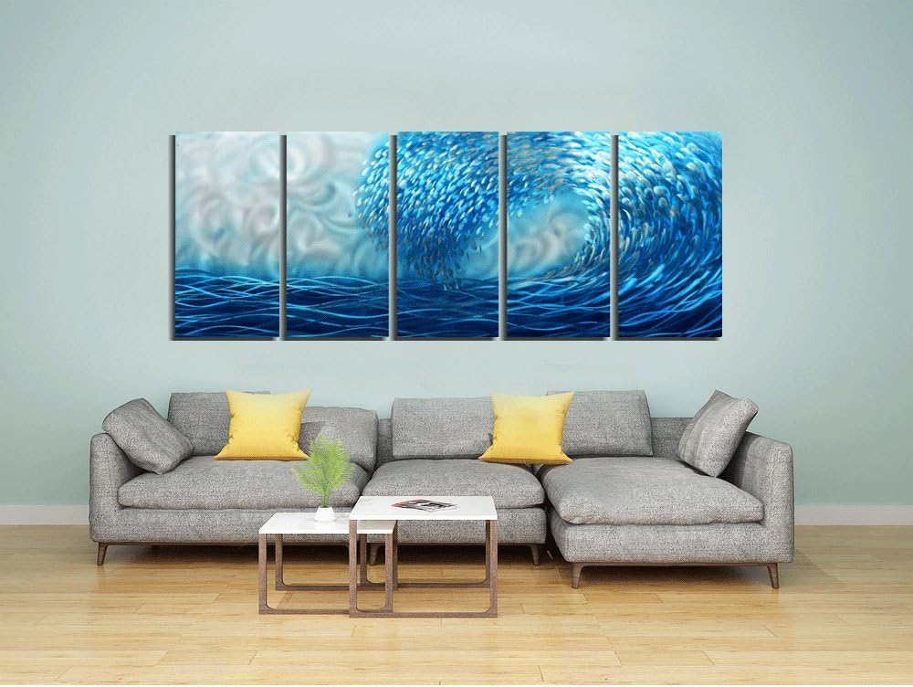 Yihui Arts Handcrafted Colorful Fish Metal Wall Art, Large Metal Wall Art in Modern Ocean Design, 3D Wall Art for Modern and Contemporary Decor, 5-Panels, Metal Wall Decor Works