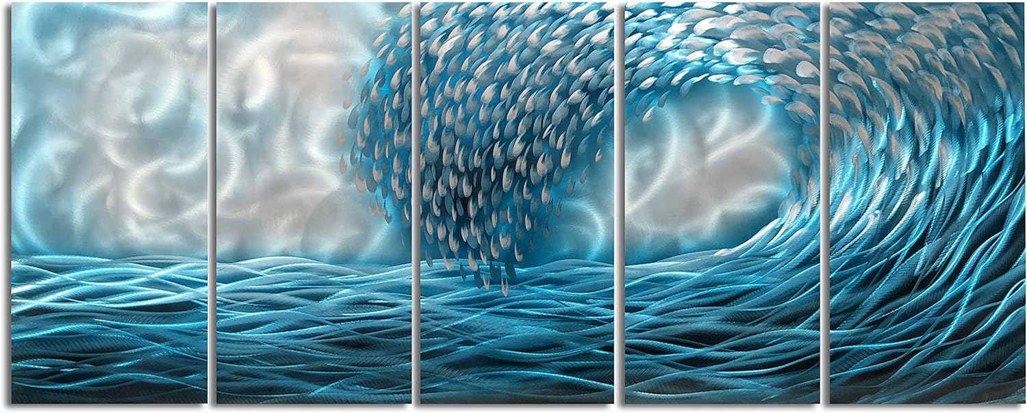 Yihui Arts Handcrafted Colorful Fish Metal Wall Art, Large Metal Wall Art in Modern Ocean Design, 3D Wall Art for Modern and Contemporary Decor, 5-Panels, Metal Wall Decor Works