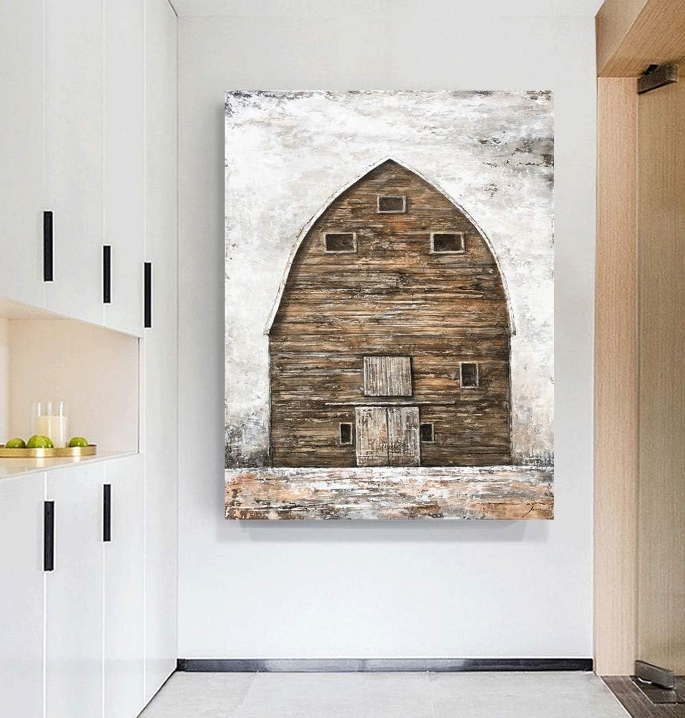 Yihui Arts Rustic Wall Decor Old Barn Canvas Wall Art Hand Painted Vintage Farmhouse Painting Pictures for Living Room