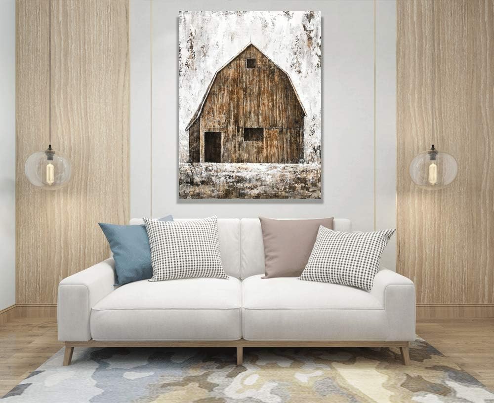 Yihui Arts Rustic Wall Decor Old Barn Canvas Wall Art Hand Painted Vintage Farmhouse Painting Pictures for Living Room