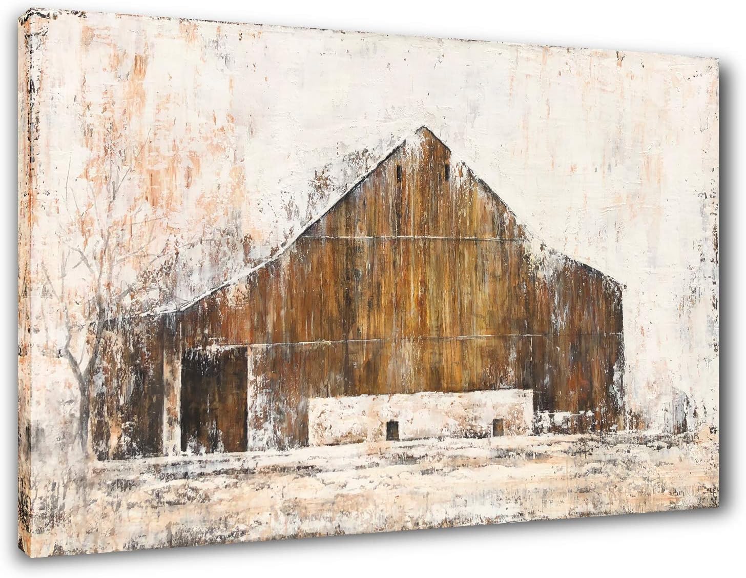 Yihui Arts Rustic Wall Decor Old Barn Canvas Wall Art Hand Painted Vintage Farmhouse Painting Pictures for Living Room
