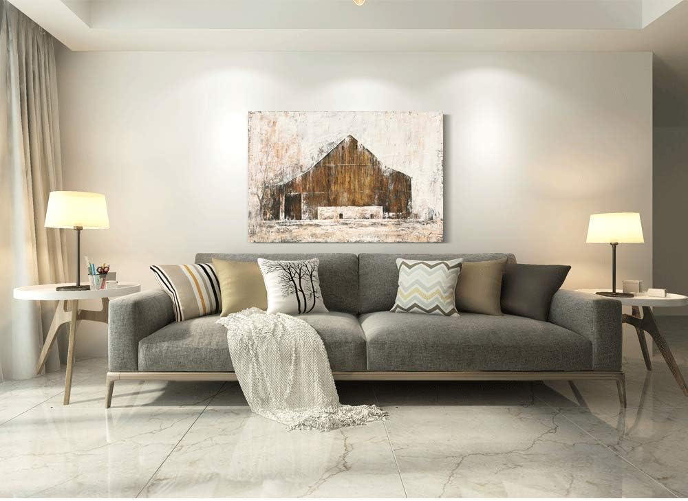 Yihui Arts Rustic Wall Decor Old Barn Canvas Wall Art Hand Painted Vintage Farmhouse Painting Pictures for Living Room