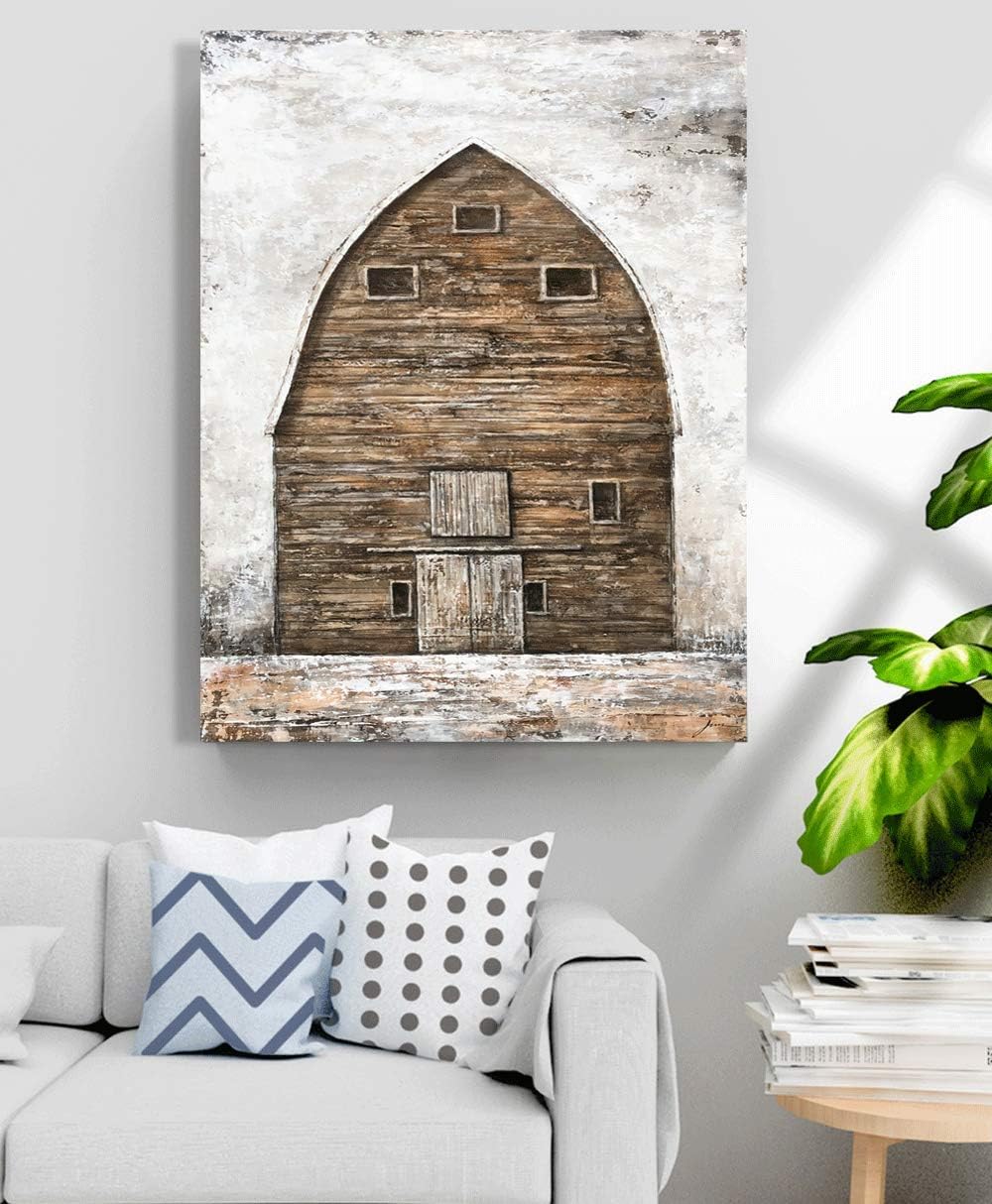 Yihui Arts Rustic Wall Decor Old Barn Canvas Wall Art Hand Painted Vintage Farmhouse Painting Pictures for Living Room