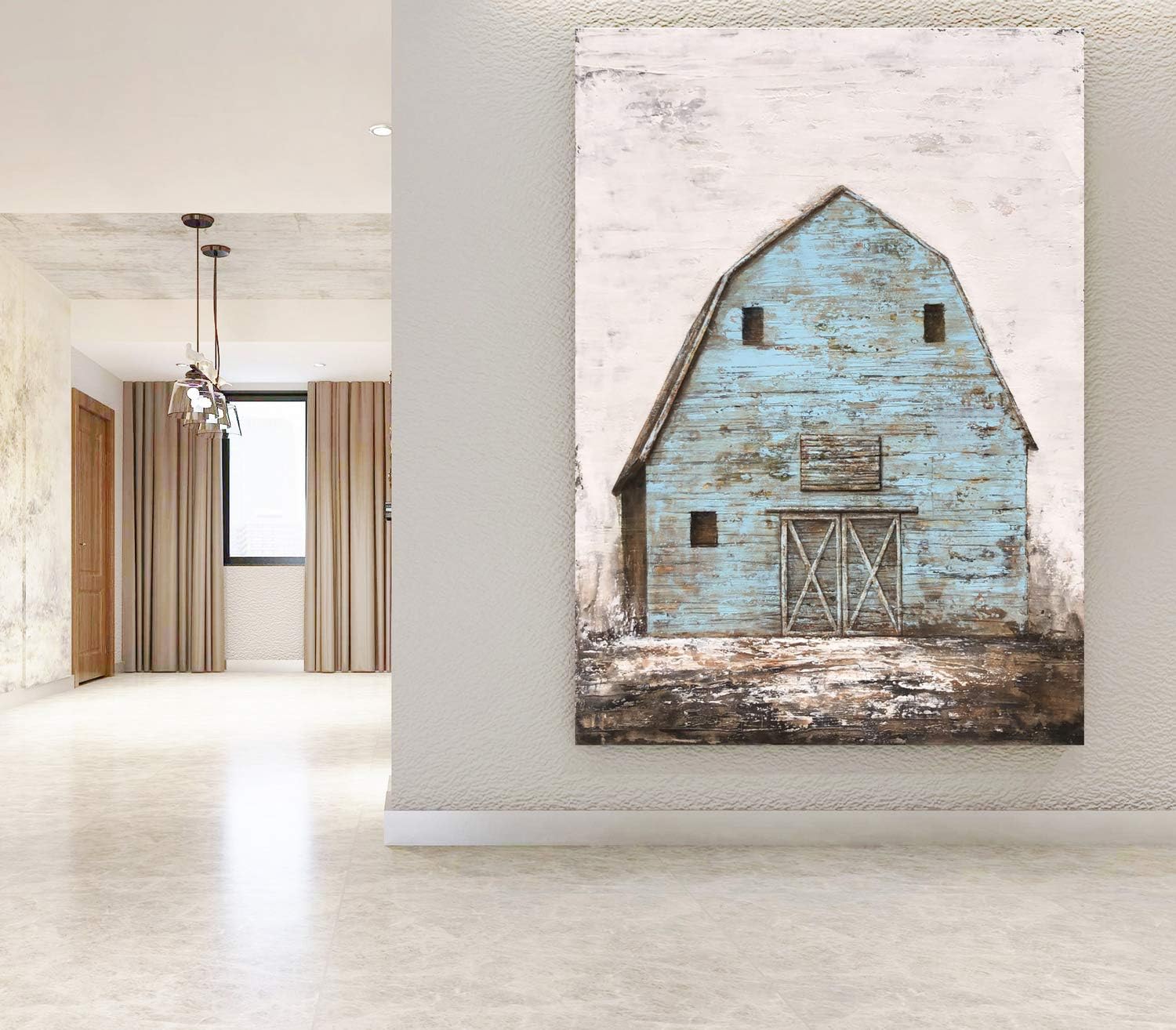 Yihui Arts Rustic Wall Decor Old Barn Canvas Wall Art Hand Painted Vintage Farmhouse Painting Pictures for Living Room