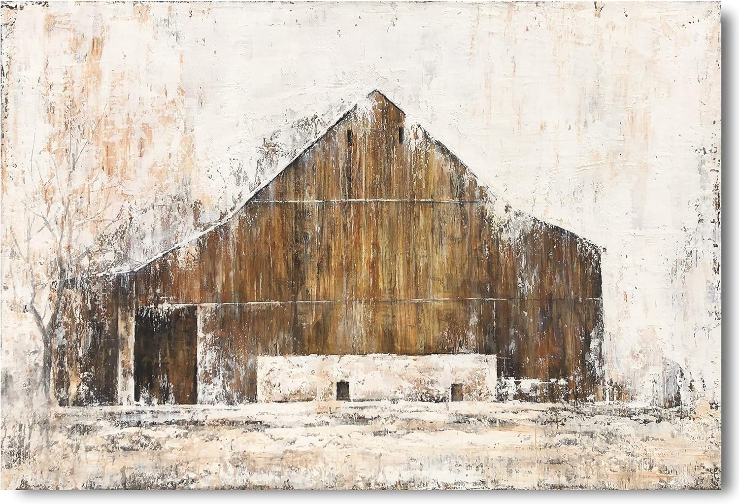 Yihui Arts Rustic Wall Decor Old Barn Canvas Wall Art Hand Painted Vintage Farmhouse Painting Pictures for Living Room