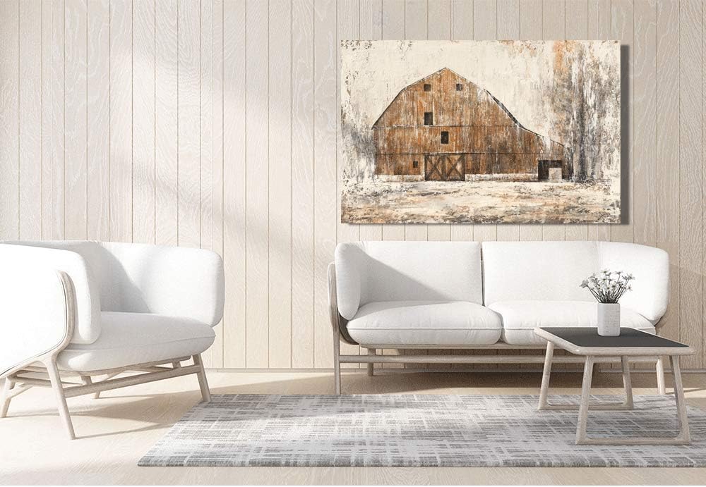 Yihui Arts Rustic Wall Decor Old Barn Canvas Wall Art Hand Painted Vintage Farmhouse Painting Pictures for Living Room