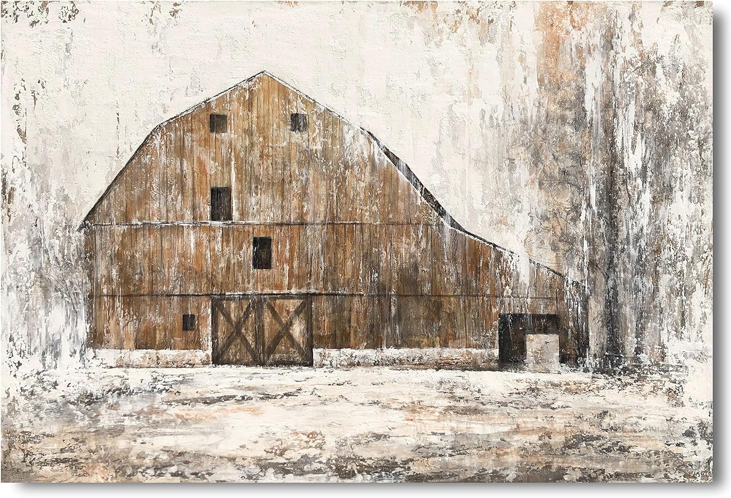 Yihui Arts Rustic Wall Decor Old Barn Canvas Wall Art Hand Painted Vintage Farmhouse Painting Pictures for Living Room
