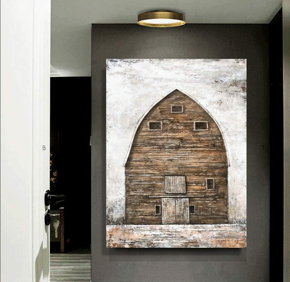 Yihui Arts Rustic Wall Decor Old Barn Canvas Wall Art Hand Painted Vintage Farmhouse Painting Pictures for Living Room